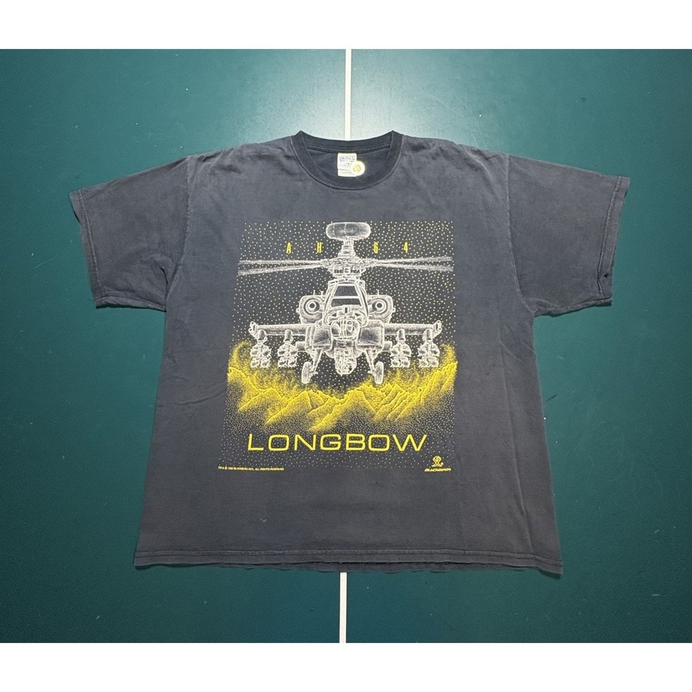 Vintage Blackbird AH‎ 64 Longbow Military Helicopter T Shirt 2XL 90s Faded Black